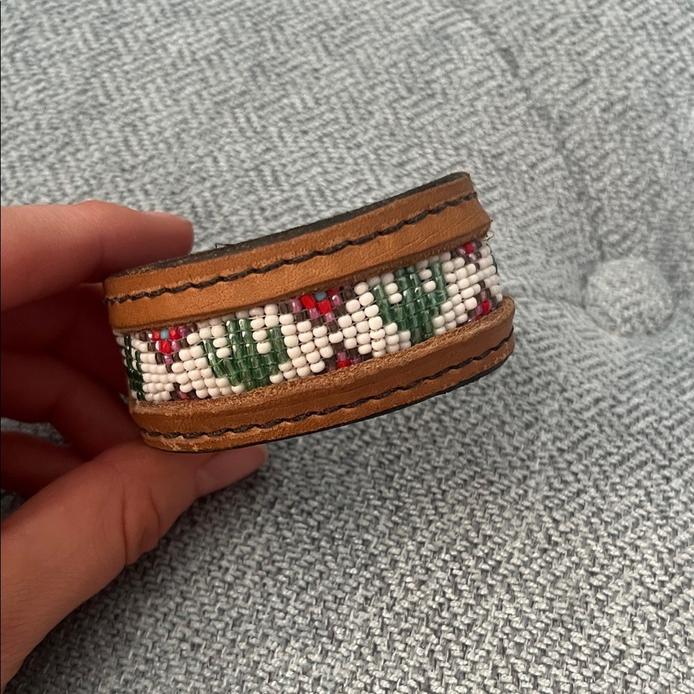 Handmade beaded leather kids cuff
